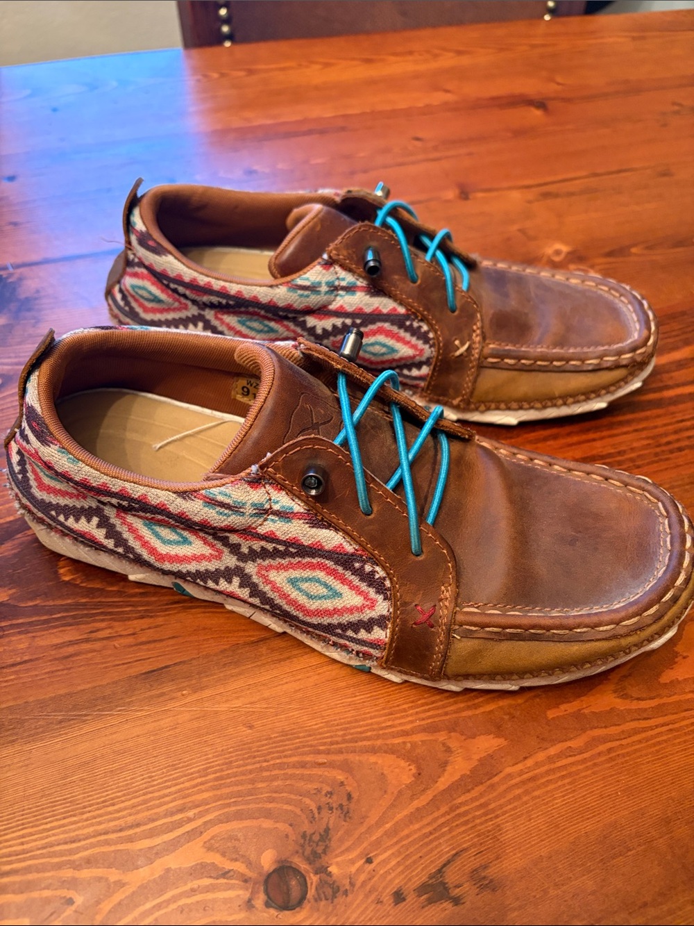 Twisted X Brown Leather Flats with Aztec Fabric Panels and Turquoise Laces